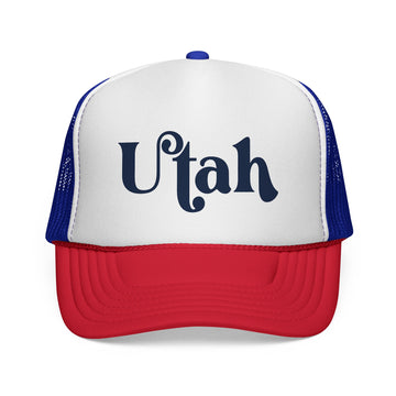 Buy blue-red Utah Script Trucker Cap | State Retro Typography