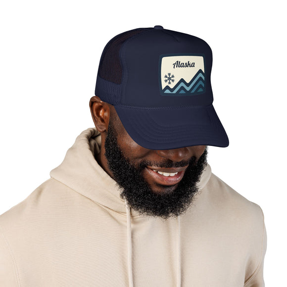 Alaska Retro Mountain Foam Trucker Hat — Vintage Snowflake