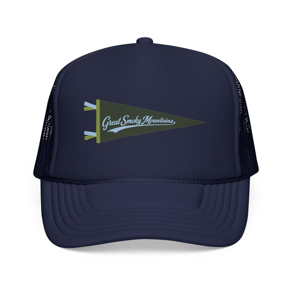 Great Smoky Mountains National Park Pennant Trucker Hat — Vintage Foam Mesh Cap