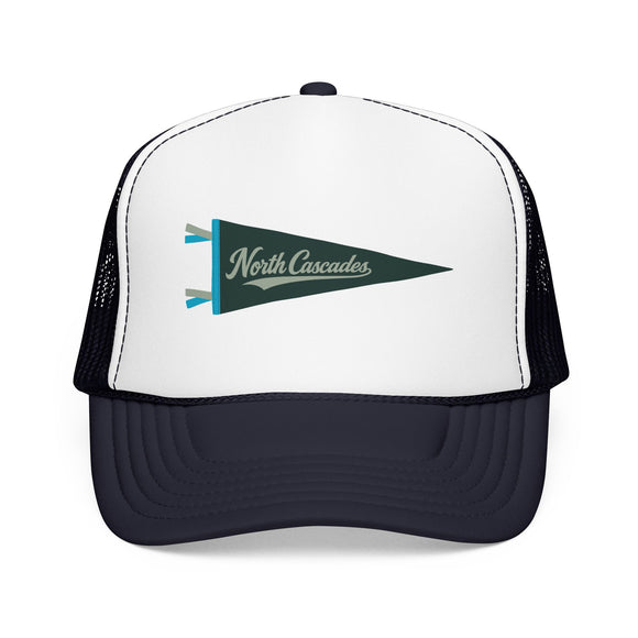 North Cascades National Park Pennant Trucker Hat — Vintage Foam Mesh Cap