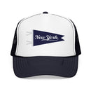New York Pennant Trucker Hat — Pink Foam Mesh Cap-1