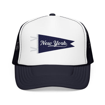 New York Pennant Trucker Hat — Pink Foam Mesh Cap
