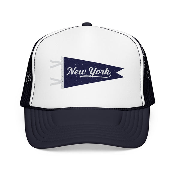 New York Pennant Trucker Hat — Pink Foam Mesh Cap