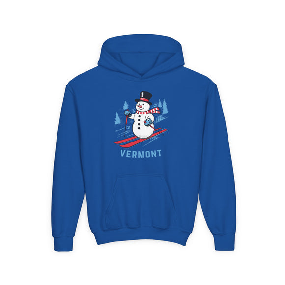 Vermont Youth Hoodie - Skiing Snowman Kids Vermont Hooded Sweatshirt