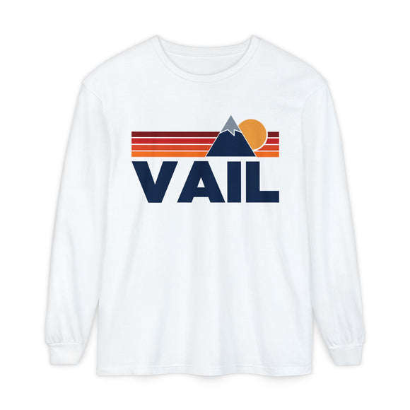 Vail, Colorado Long Sleeve T-Shirt Retro Mountain, Unisex Vail Unisex Garment-dyed Long Sleeve T-Shirt