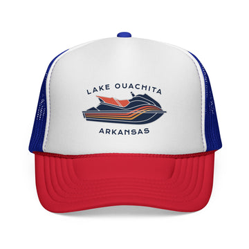 Buy blue-red Lake Ouachita, Arkansas PWC Boating Trucker Hat