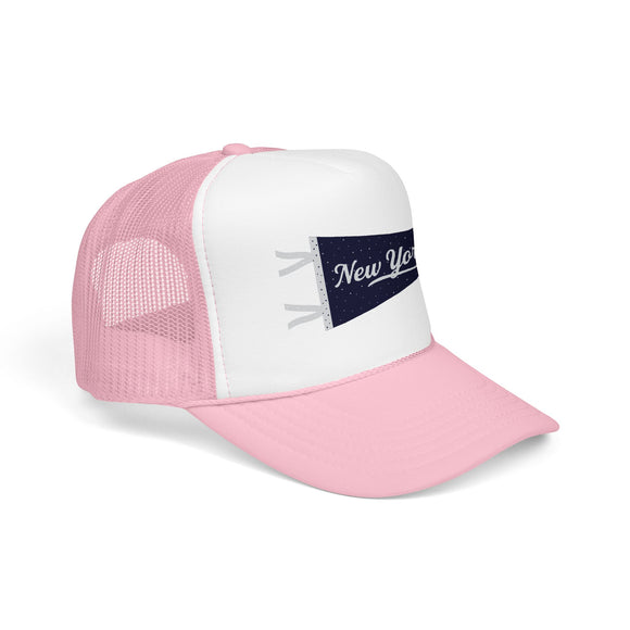 New York Pennant Trucker Hat — Pink Foam Mesh Cap