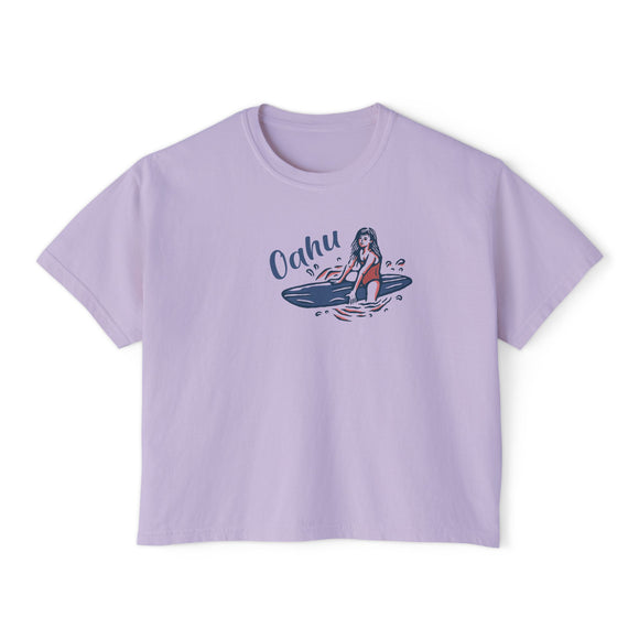 Oahu, Hawaii Surfer Girl Tee | 100% Cotton Women's Boxy Tee