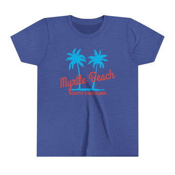 Buy heather-true-royal Myrtle Beach, South Carolina Youth Shirt - Retro Palm Tree Myrtle Beach Kid's T-Shirt