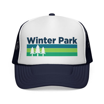 Buy dark-navy Winter Park, Colorado Retro Trees Trucker Hat - Vintage Style Winter Park Cap