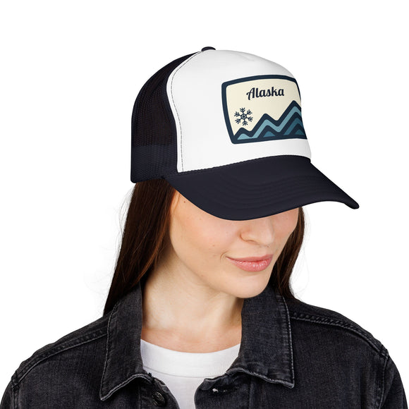 Alaska Retro Mountain Foam Trucker Hat — Vintage Snowflake