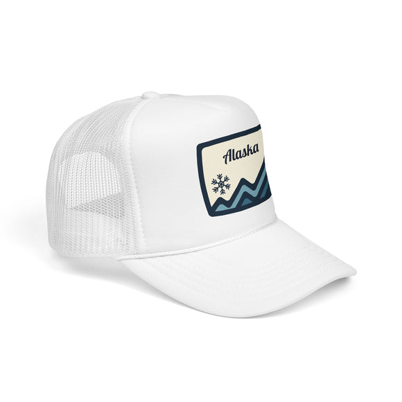 Alaska Retro Mountain Foam Trucker Hat — Vintage Snowflake