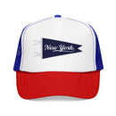 New York Pennant Trucker Hat — Pink Foam Mesh Cap-3