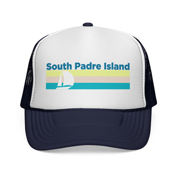 South Padre Island, Texas Retro Sailboat Trucker Hat - 0