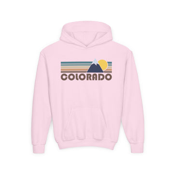 Buy light-pink Colorado Youth Hoodie - Retro Mountain Colorado Youth Sweatshirt