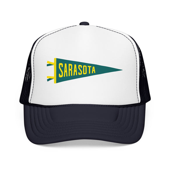 Sarasota, Florida Pennant Trucker Hat — Retro Flag Foam Cap