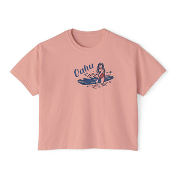 Oahu, Hawaii Surfer Girl Tee | 100% Cotton Women's Boxy Tee - 0