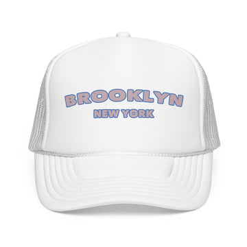 Buy white Brooklyn, New York Foam Trucker Hat - Retro Pastel Script Mesh Cap