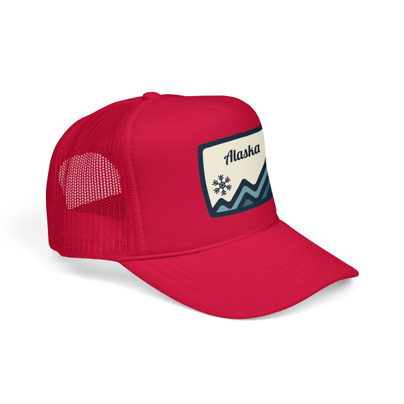 Alaska Retro Mountain Foam Trucker Hat — Vintage Snowflake