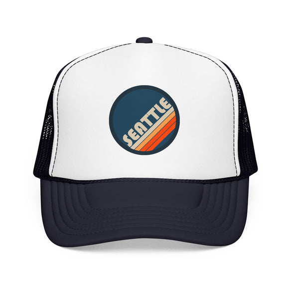 Seattle, Washington Retro Trucker Hat — Vintage Striped Foam Cap