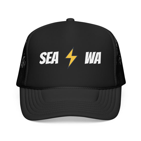 Seattle, Washington Retro Trucker Hat - Lightning Foam Cap - Lightning Black