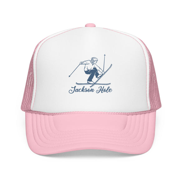 Jackson Hole, Wyoming Snow Ski Trucker Hat — Retro Skier Foam Jackson Hole Cap