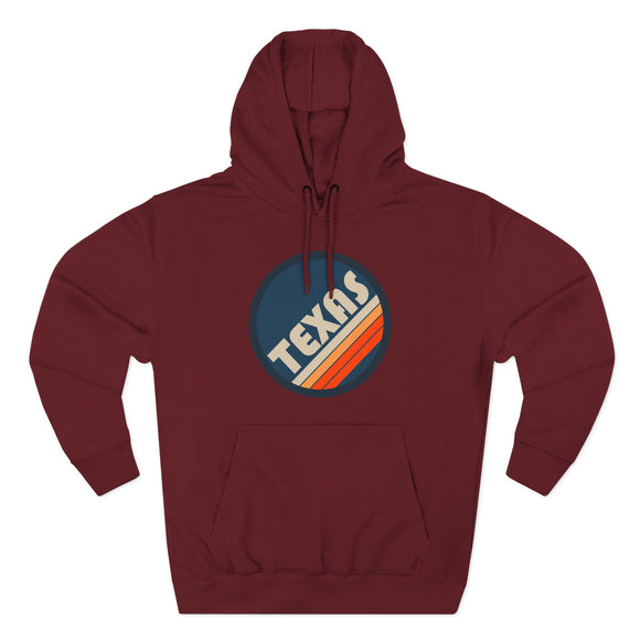 Premium Texas Retro Circle Hoodie — Vintage 70s Striped Logo Pullover