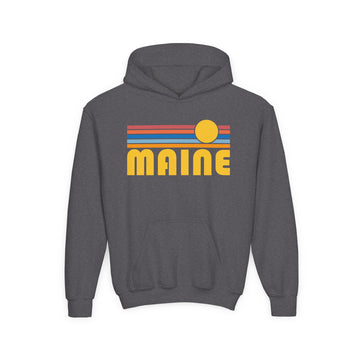 Buy dark-heather Maine Youth Hoodie - Retro Sun Maine Youth Sweatshirt