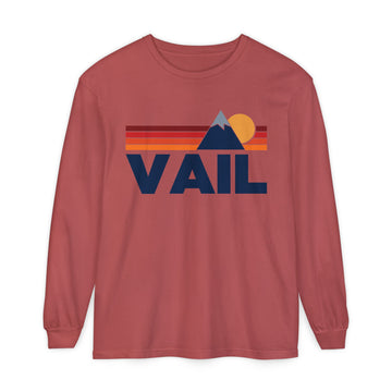 Buy crimson Vail, Colorado Long Sleeve T-Shirt Retro Mountain, Unisex Vail Unisex Garment-dyed Long Sleeve T-Shirt