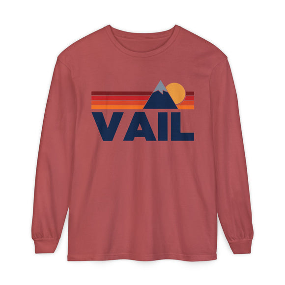 Vail, Colorado Long Sleeve T-Shirt Retro Mountain, Unisex Vail Unisex Garment-dyed Long Sleeve T-Shirt