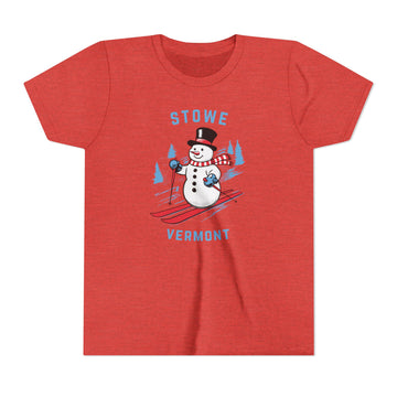 Buy heather-red Stowe, Vermont Youth Skiing Snowman Tee - Kids Stowe T Shirt
