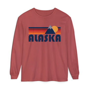 Buy crimson Alaska Long Sleeve T-Shirt Retro Mountain, Unisex Alaska Unisex Garment-dyed Long Sleeve T-Shirt
