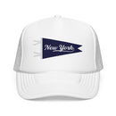 New York Pennant Trucker Hat — Pink Foam Mesh Cap-4