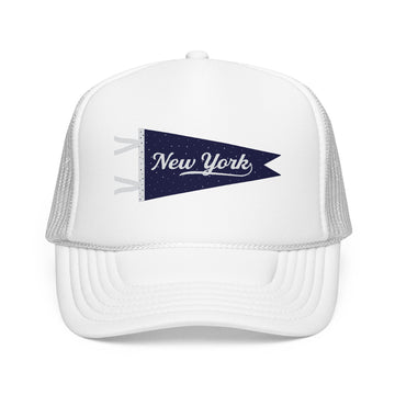 Buy white New York Pennant Trucker Hat — Pink Foam Mesh Cap