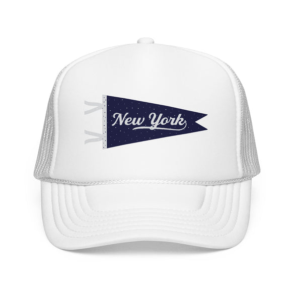 New York Pennant Trucker Hat — Pink Foam Mesh Cap