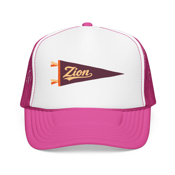 Zion National Park Pennant Trucker Hat — Vintage Foam Mesh Cap