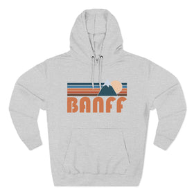 Buy heather-grey Banff, Canada Hoodie - Retro Mountain Unisex Sweatshirt
