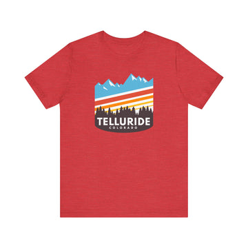 Buy heather-red Telluride, Colorado T-Shirt - Retro Unisex Telluride Shirt - Sunset Skyline