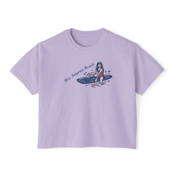 Buy orchid New Smyrna Beach, Florida Surfer Girl Tee | 100% Cotton Women's Boxy T-Shirt