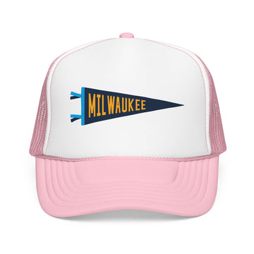 Buy light-pink-white Milwaukee, Wisconsin Pennant Trucker Hat — Retro Flag Foam Cap