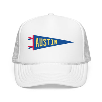 Buy white Austin, Texas Pennant Trucker Hat — Retro Flag Foam Cap