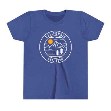 Buy heather-true-royal California Youth Shirt - Retro Mountain California Kid's T-Shirt - Circle Emblem
