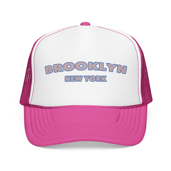 Brooklyn, New York Foam Trucker Hat - Retro Pastel Script Mesh Cap