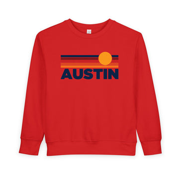 Buy red Austin, Texas Toddler Sweatshirt - Retro Sun Austin Toddler Crewneck Sweatshirt