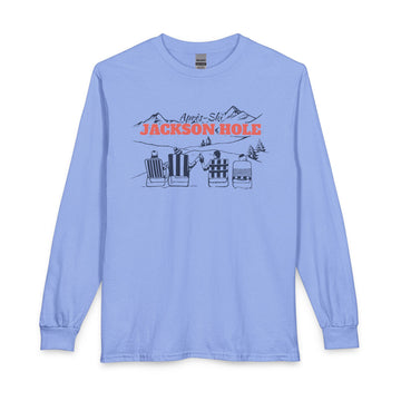 Buy carolina-blue Jackson Hole, Wyoming Après-ski Long Sleeve Shirt - Mountain Retro Skiing