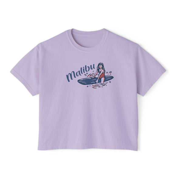 Malibu, California Surfer Girl Tee | 100% Cotton Women's Boxy Tee