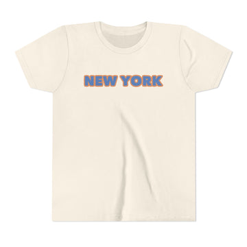 Youth Tee — 'NEW YORK' Retro Blue & Orange Block Letter Kids T-Shirt