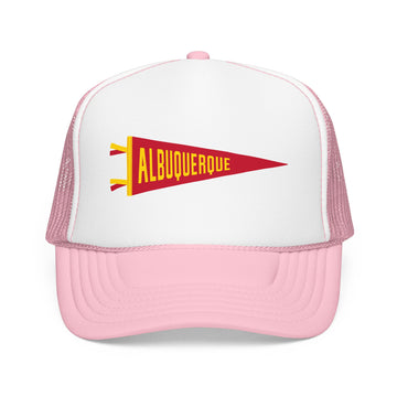 Buy light-pink-white Albuquerque, New Mexico Pennant Trucker Hat — Retro Flag Foam Cap