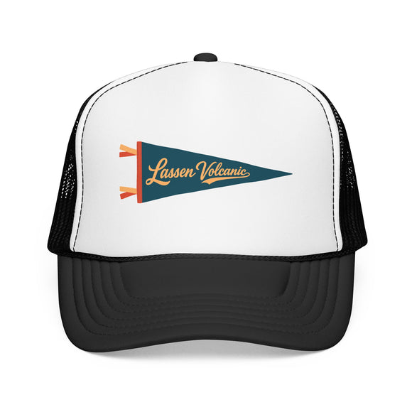 Lassen Volcanic National Park Pennant Trucker Hat — Vintage Foam Mesh Cap
