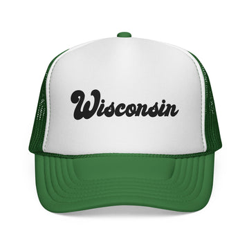Buy green Wisconsin trucker hat | State outline, vintage script